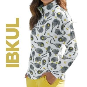 IBKUL Top Venus White Tennis Rack Print Long Sleeve Mock Neck Young Sz L